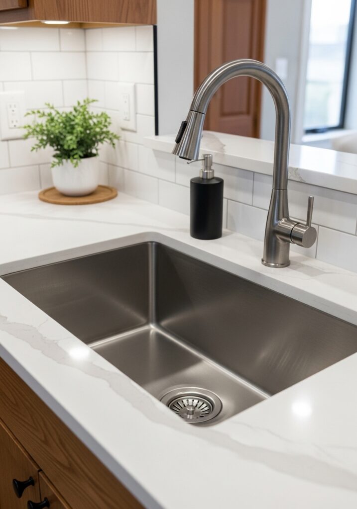 Undermount sink in small kitchen maximizing usable counter space