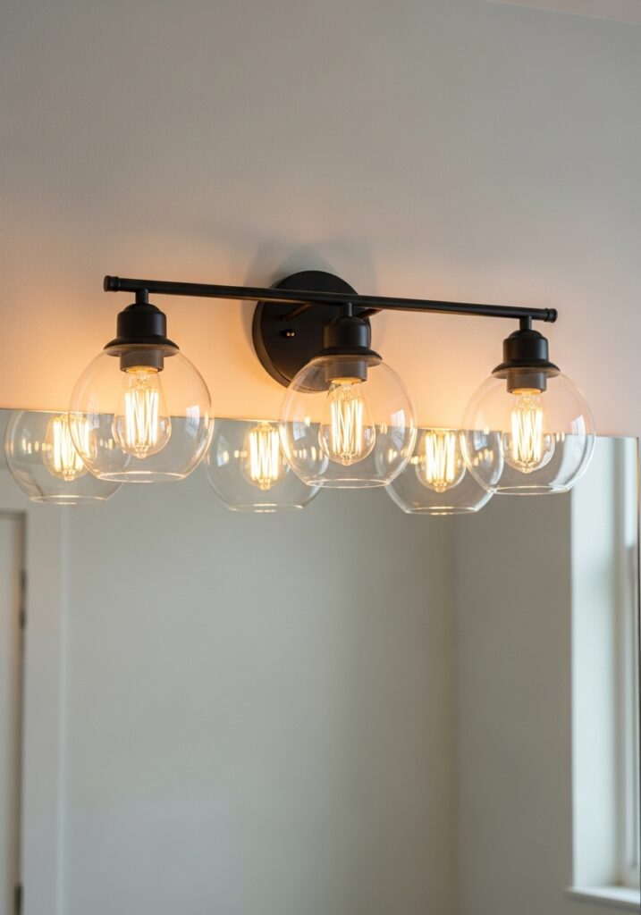 Modern matte black vanity light fixture with glass globes