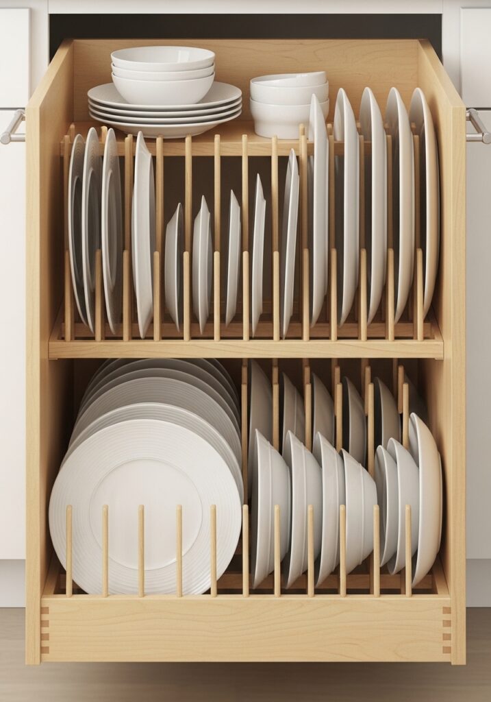 Vertical plate rack storage in small kitchen drawer maximizing efficiency