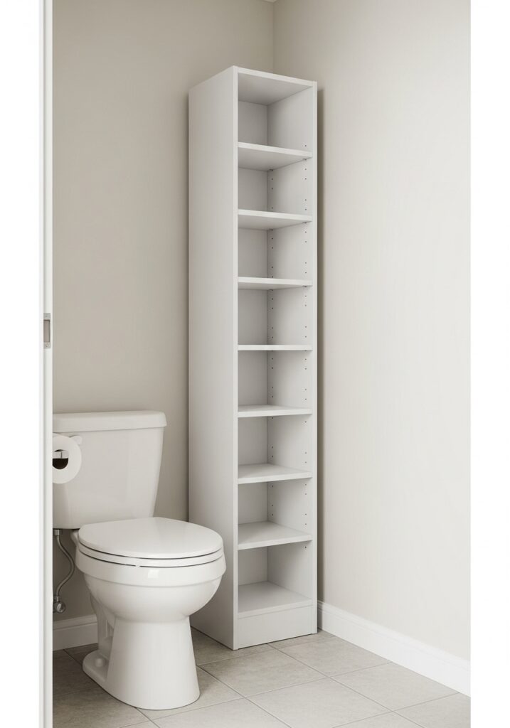 Tall vertical storage cabinet maximizing small bathroom space