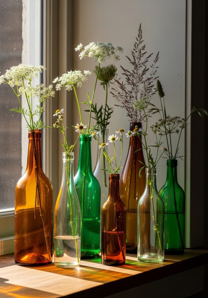 Vintage amber and green glass bottles with wildflowers on sunny windowsill for summer home decoration
