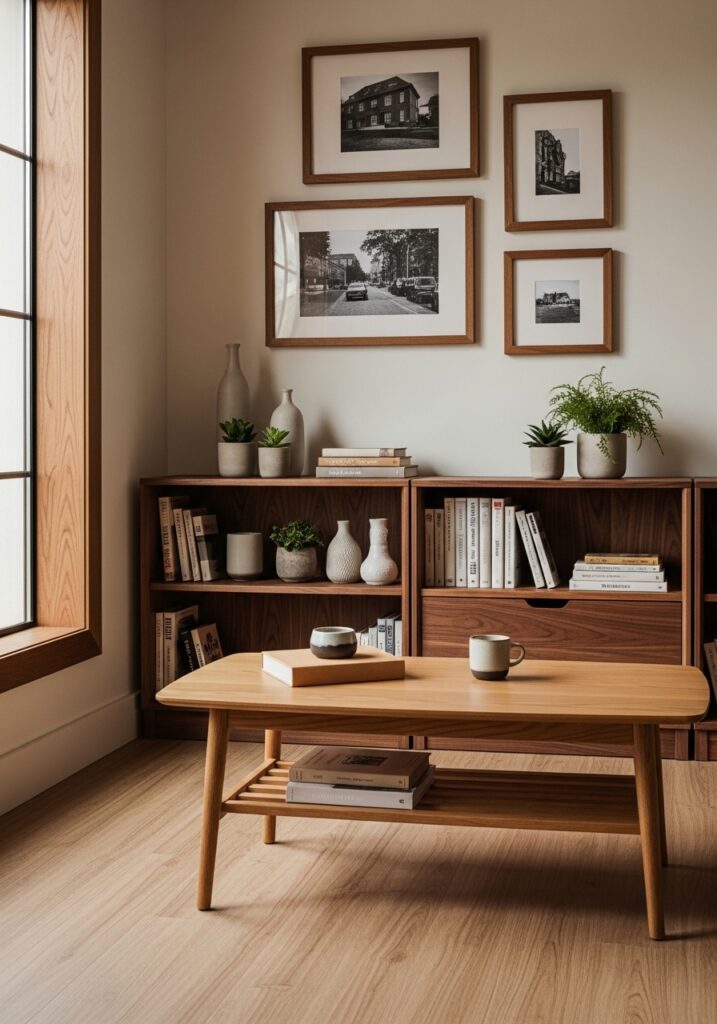 Warm wood tones in furniture and decor creating cozy living room atmosphere