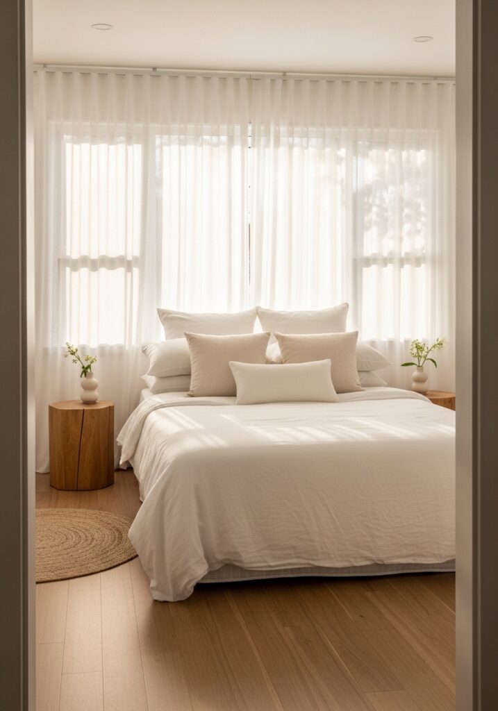 White linen bedding with layered pillows and sheer curtains in summer-decorated bedroom