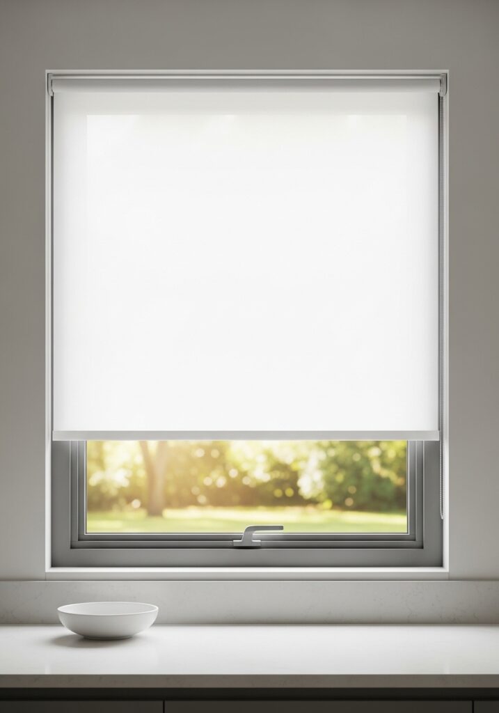 Budget kitchen window with clean modern white roller shade