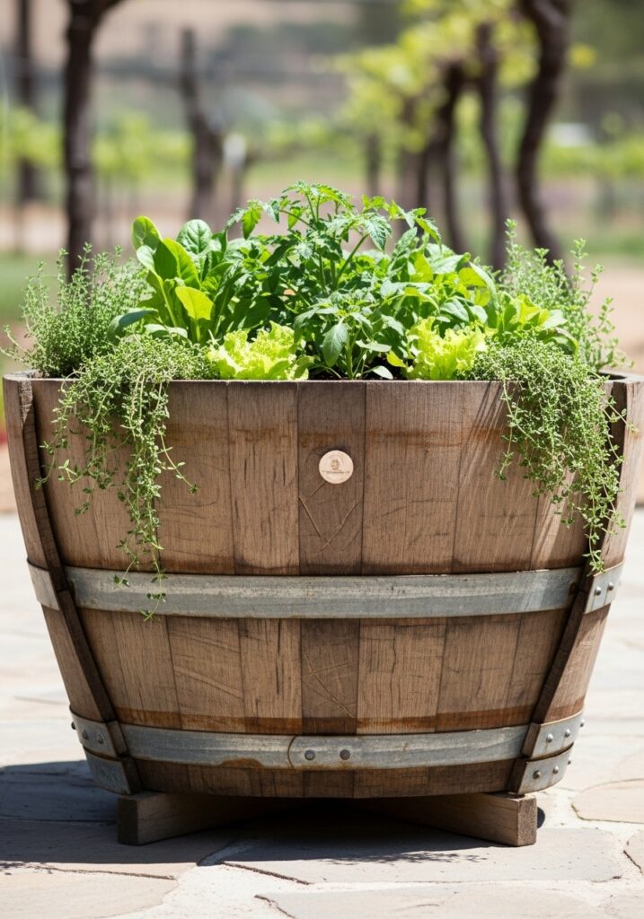 Half wine barrel raised garden bed with vegetables and trailing herbs
