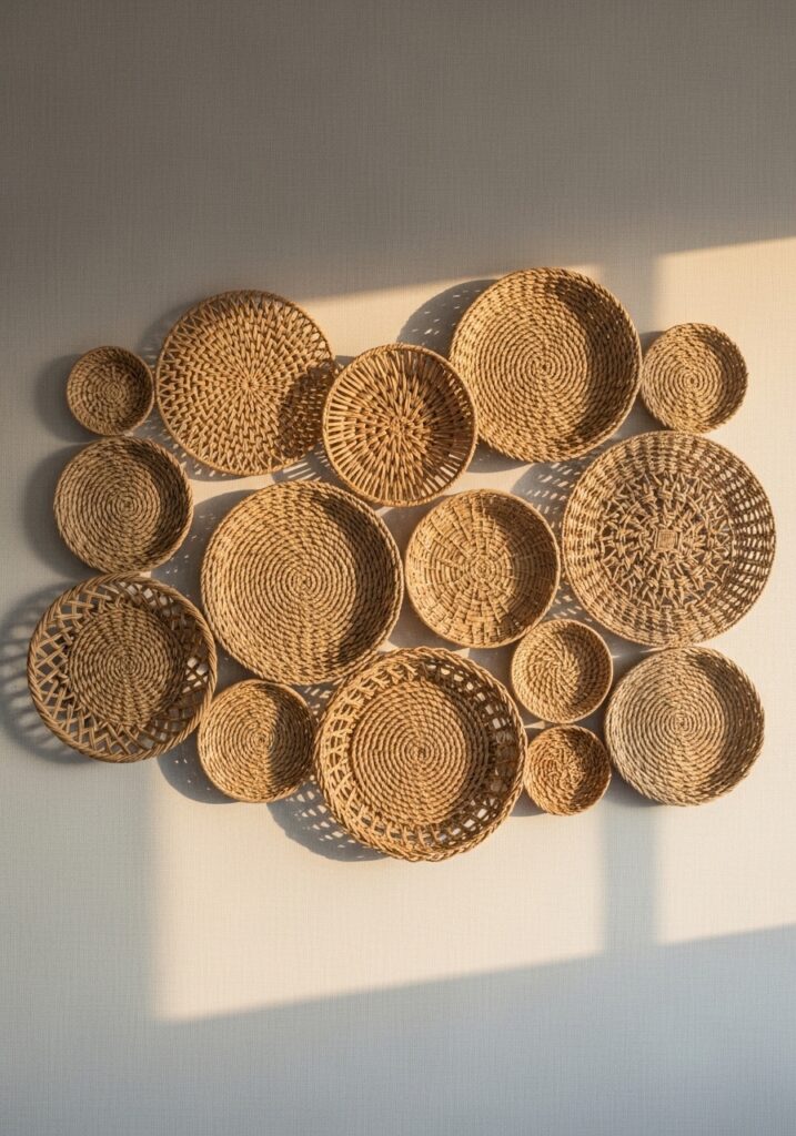 Woven seagrass and rattan baskets arranged as wall art for summer boho home decor

