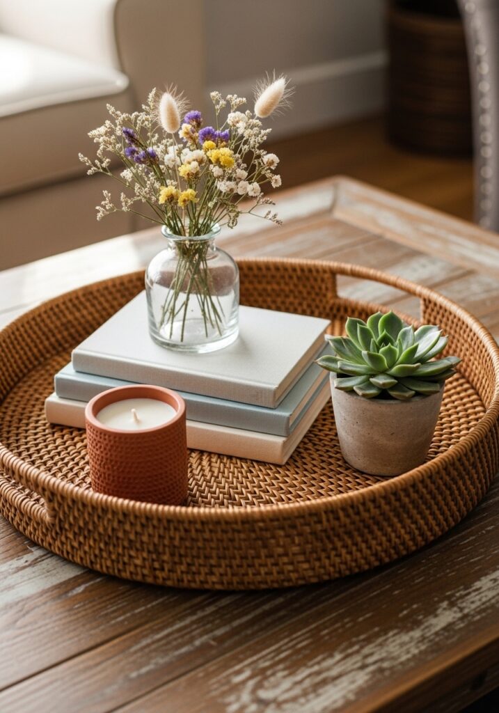 Woven rattan tray styled with candle, succulent, and books on coffee table for summer home decoration