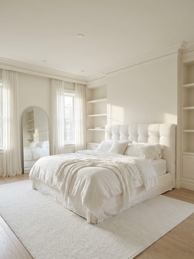All white bedroom with walls ceiling and trim painted same warm white tone seamless flow making room larger white linen bedding white headboard expansive and peaceful