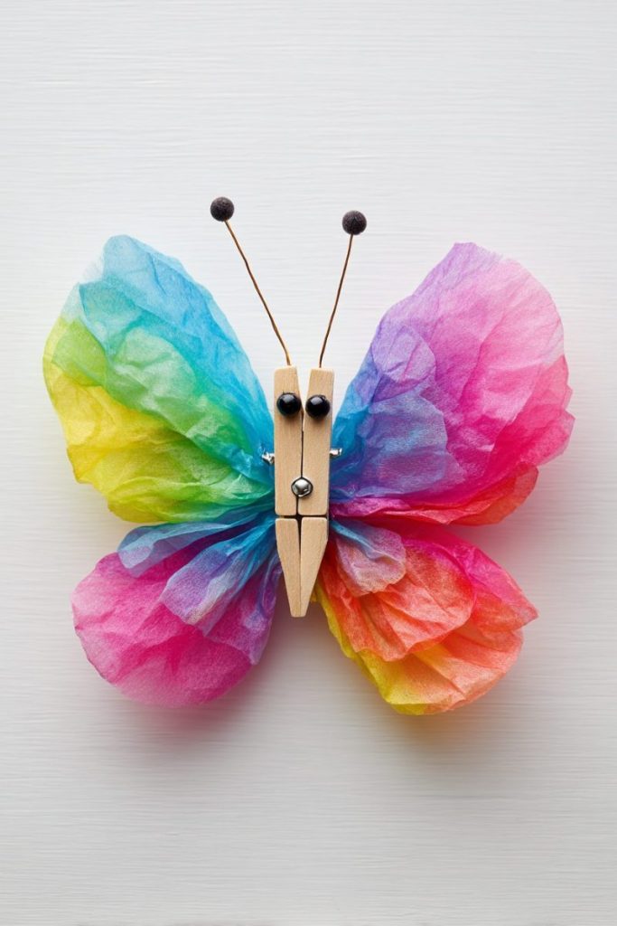 Tissue paper butterfly craft kids wooden clothes peg body rainbow tissue paper wings pipe cleaner antennae googly eyes vibrant delicate charming