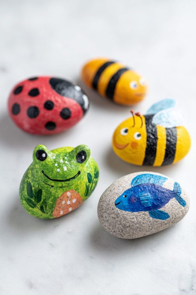  Painted rock animals craft kids smooth stones painted ladybug red black bumblebee yellow black green frog blue fish bright natural light