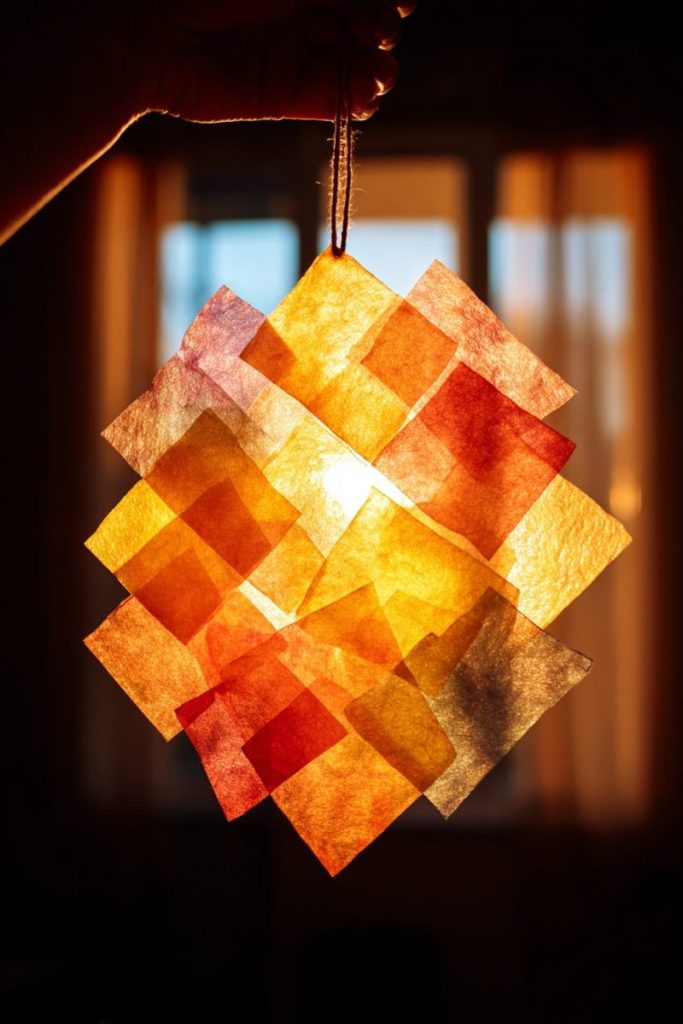 DIY summer suncatcher craft kids clear contact paper colourful tissue paper squares sun shape held window glowing warmly magical bright beautiful window decoration