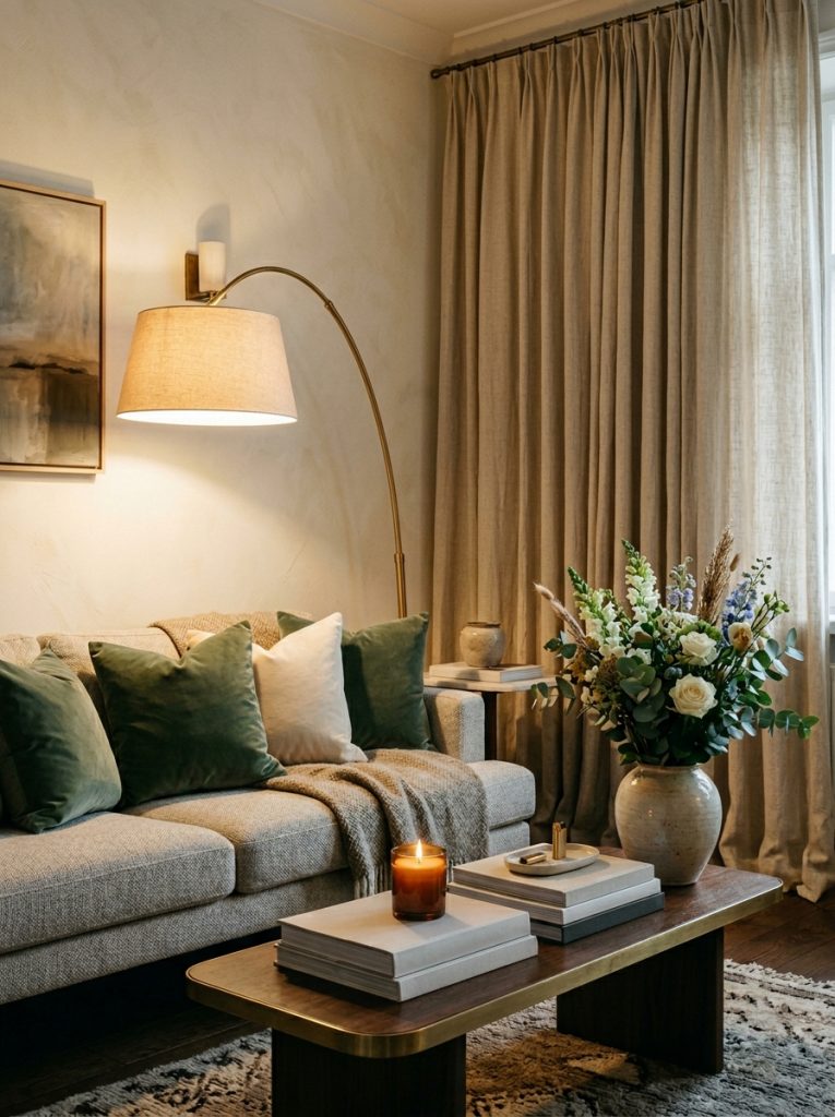 A beautifully luxurious-feeling apartment living room with layered velvet cushions in deep sage and cream tones a statement floor lamp with a warm glow fresh flowers in a large vase a sleek coffee table with art books and a single candle heavy linen curtains hanging from ceiling height the whole luxury apartment decor feel achieved through thoughtful styling rather than expensive furniture, warm atmospheric light, no text, vertical portrait format
