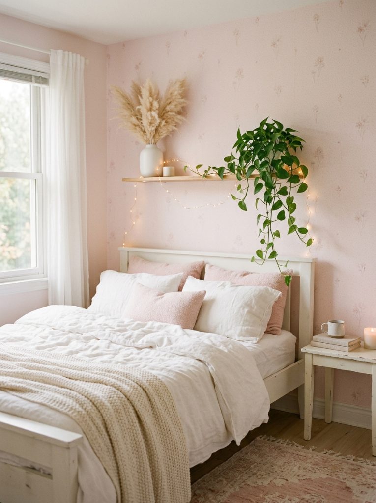 Soft dreamy baby pink wallpaper bedroom with palest barely-there pink white bed frame white linen bedding trailing plant pampas grass fairy lights impossibly soft and dreamy