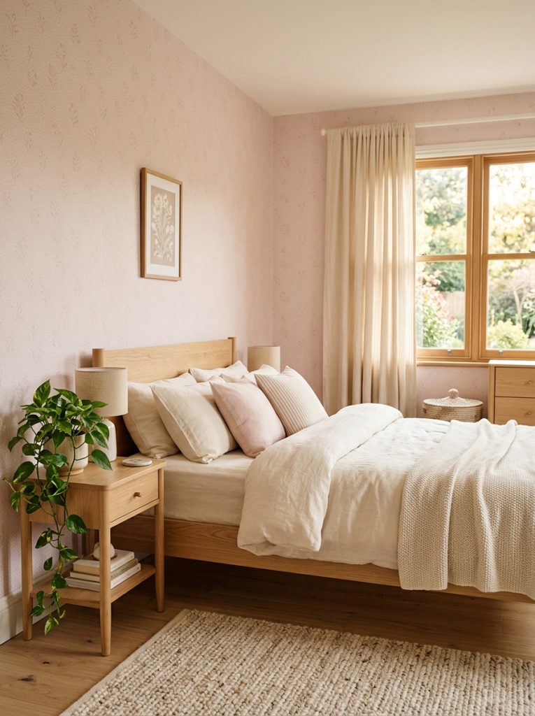 Warm baby pink wallpaper bedroom palest pink walls natural light wood furniture nightstands floor cream bedding linen curtains small trailing plant baby pink and natural wood softest warmest bedroom
