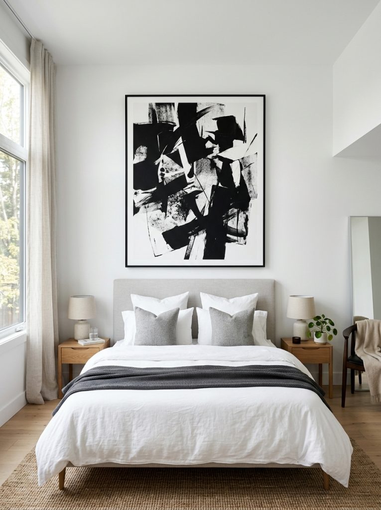  Modern white bedroom with one large bold statement black and white abstract artwork in thin black frame centered above headboard commanding attention against clean white wall