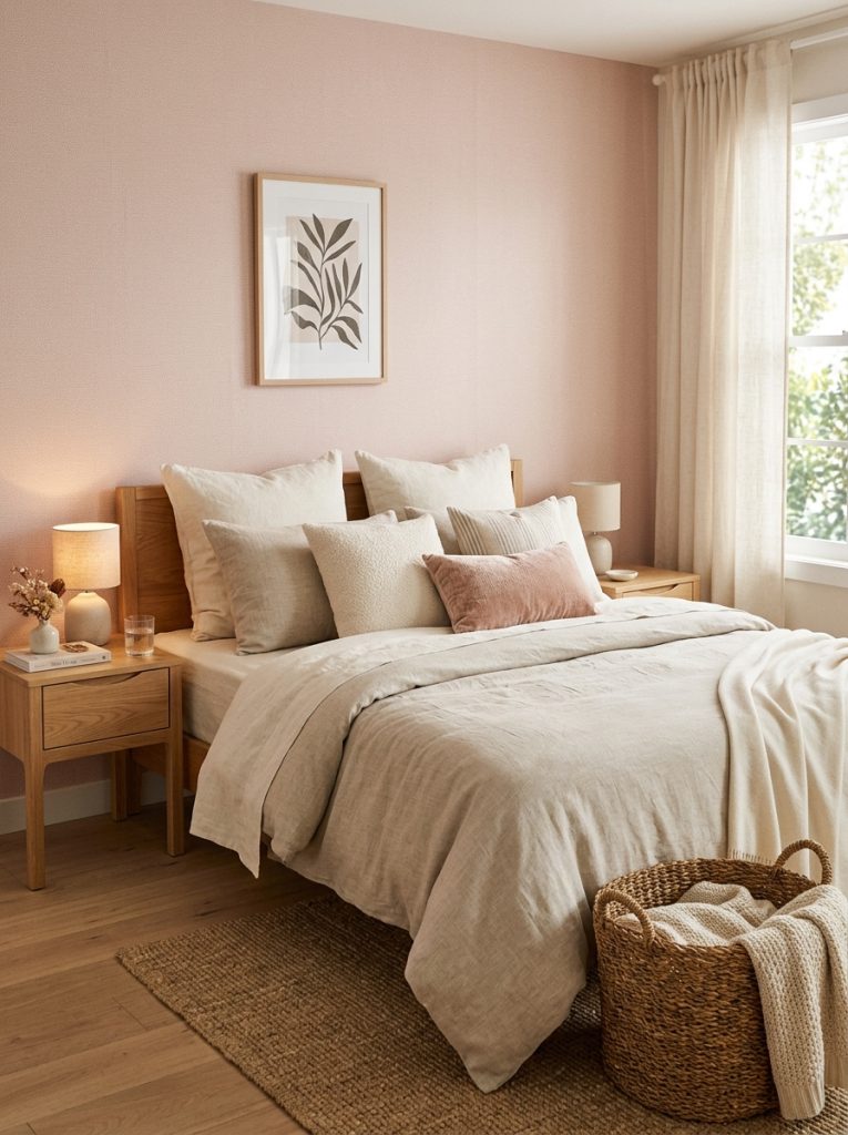 Warm blush pink wallpaper bedroom with oatmeal cream neutral linen bedding cream throw pillows natural wood nightstands woven basket blush and neutral linen harmonious calming palette