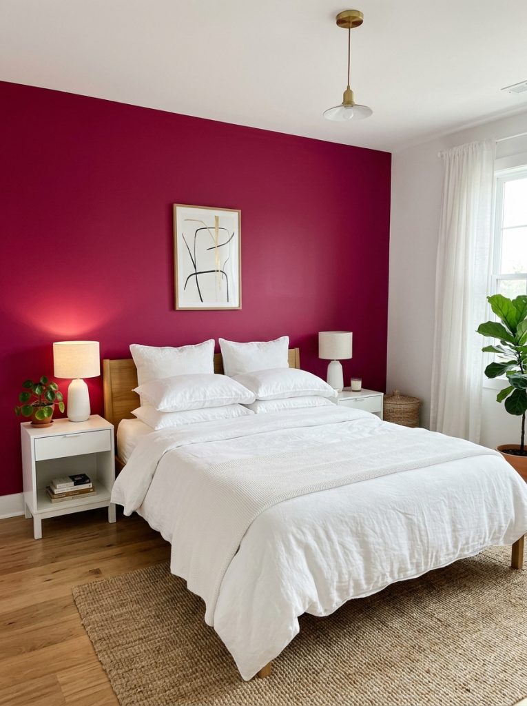 Bedroom with deep dark pink feature wall behind bed rest of walls white crisp white linen bedding white nightstands single dark pink feature wall bold focal point transforms room