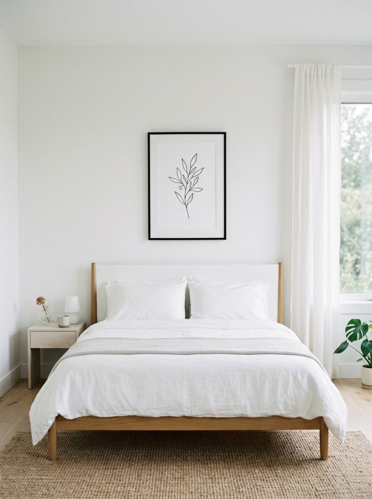 White minimalist bedroom with single simple black and white line drawing in thin frame above bed standing out clearly against white wall nothing competing