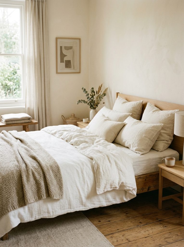 Warm white and neutral bedroom with natural linen bedding in warm off-white tone linen texture slightly rumpled natural neutral cream pillows stacked relaxed and warm