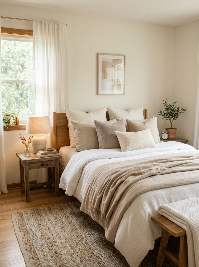 Warm white and neutral bedroom with creamy white walls warm linen bedding layered neutral pillows cream oatmeal taupe palette shifting from white to cream to oatmeal warm and inviting