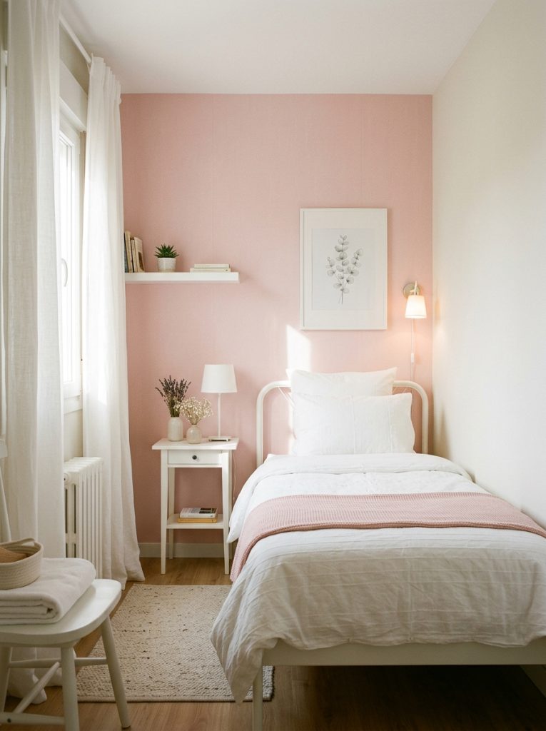 Small bedroom with light pink wallpaper behind bed soft pink reflecting light making compact space feel more open white furniture minimal decor white sheer curtains welcoming