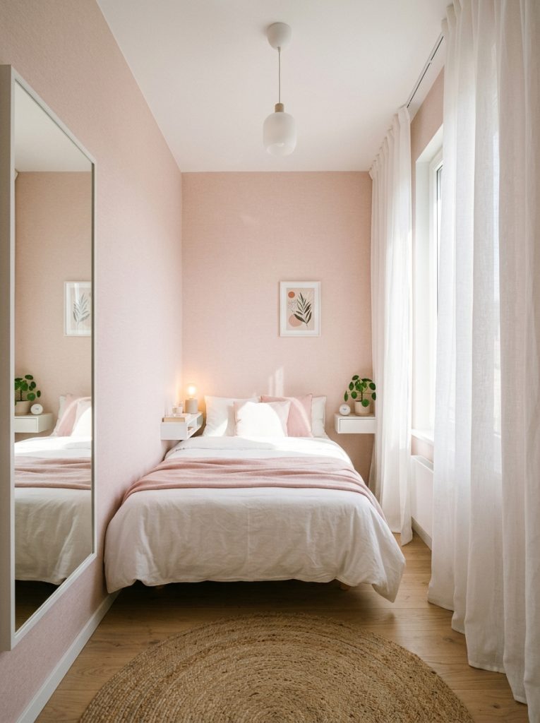 Small bedroom with light pink wallpaper making compact space feel larger and more airy white furniture wall mounted nightstands large mirror sheer curtains light pink reflecting light and adding warmth