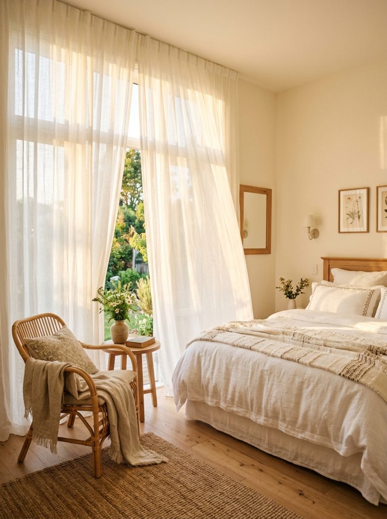 Bright summer bedroom floor to ceiling sheer white linen curtains filtering afternoon light soft golden fabric moving gentle summer breeze cream bed white bedding rattan chair window glowing warm dreamy light