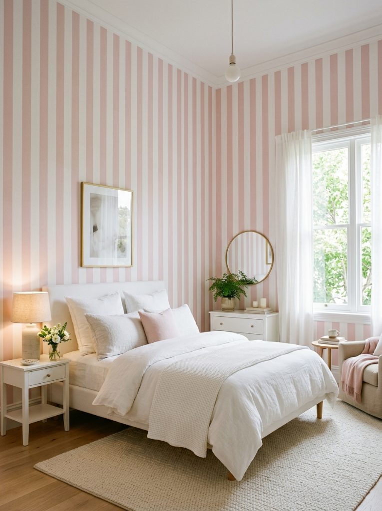 Bedroom with light pink and white vertical striped wallpaper stripes drawing eye upward ceiling feels taller white linen bedding neutral accessories structured yet soft and feminine