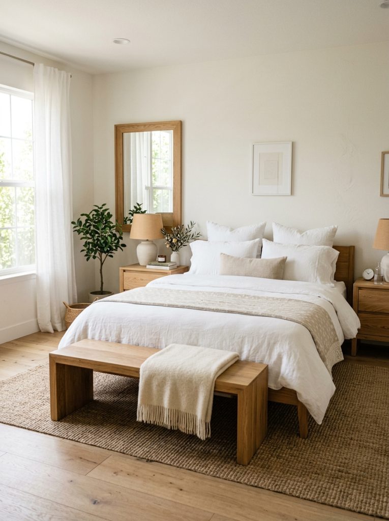 Warm white bedroom with natural light wood nightstands wood framed mirror light oak bench warmth of natural wood against white walls balanced and inviting white linen bedding