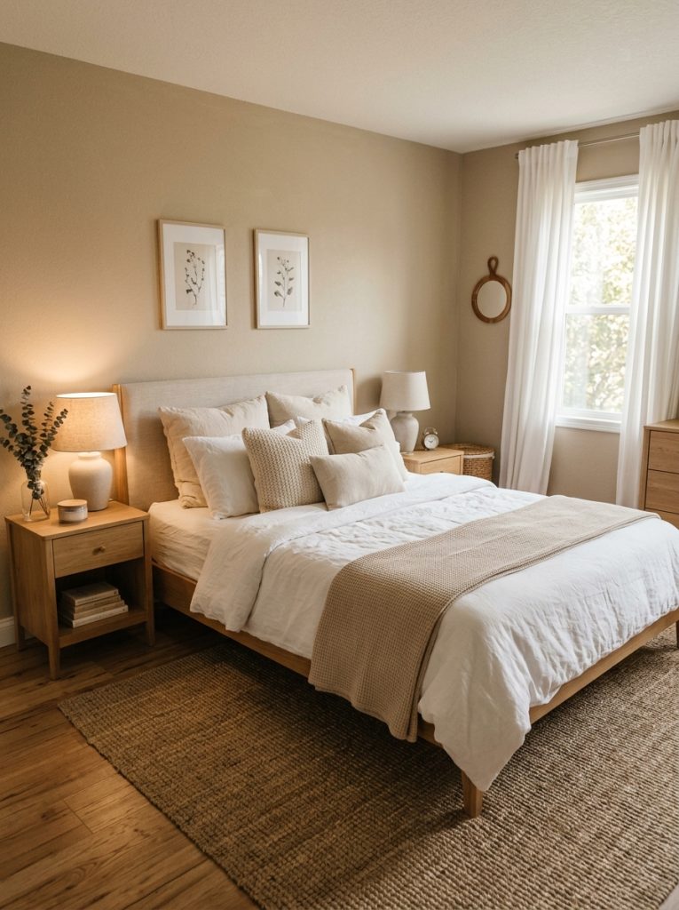 Warm beige and white bedroom with soft warm beige walls white linen bedding cream and beige layered pillows natural wood nightstands jute rug white sheer curtains warm sophisticated timeless