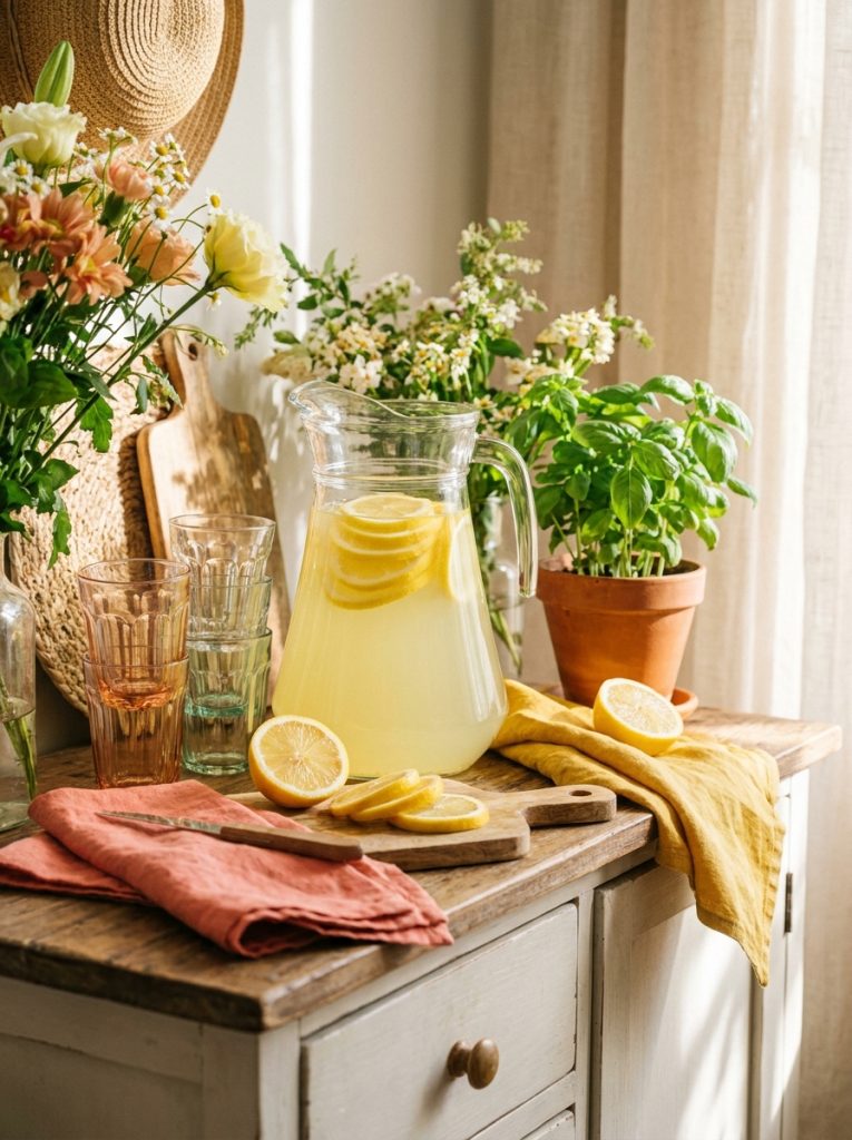 Summer beverage station kitchen sideboard large glass pitcher fresh lemonade lemon slices stacked mismatched vintage glasses wooden cutting board citrus slices linen napkins coral yellow potted herb ready for guests