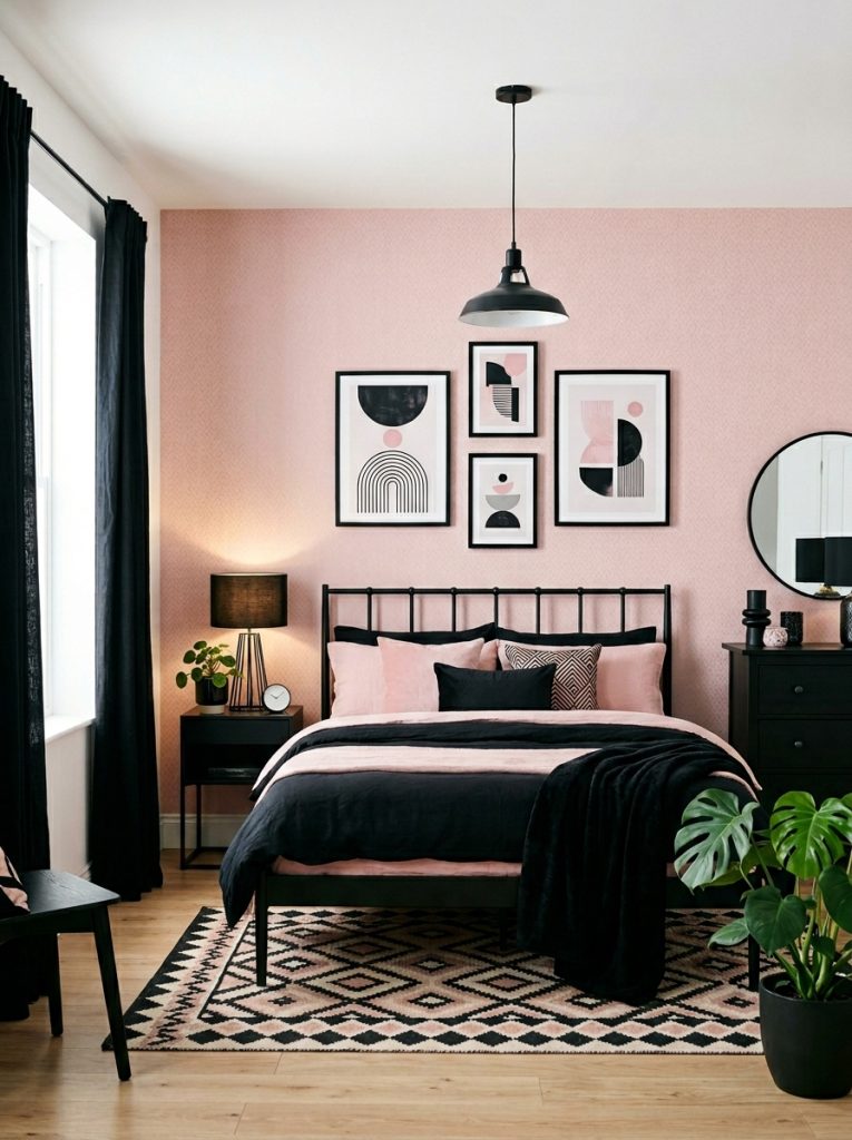 Striking black and pink bedroom soft pink wallpaper feature wall black bed frame black picture frames black lamp high contrast soft pink and sharp black bold graphic confident and modern