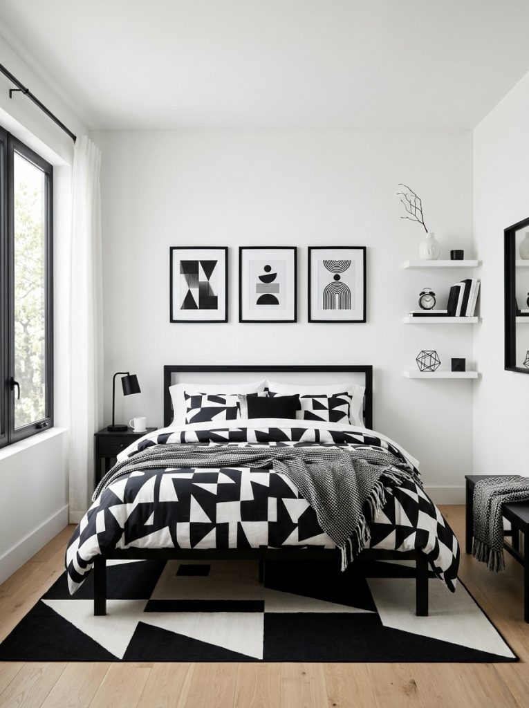 Black and white bedroom with crisp white walls matte black bed frame black and white graphic bedding black picture frames white floating shelves high contrast bold graphic confident and modern