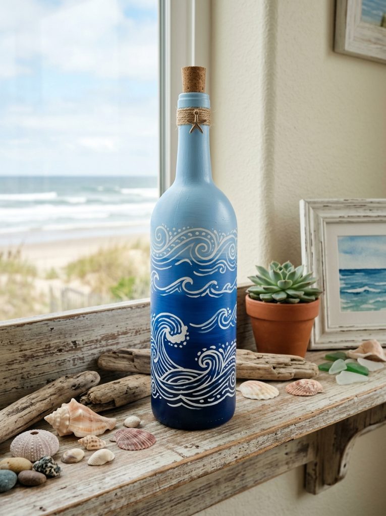 Glass bottle painted in layered shades of blue with white wave patterns for a coastal beach inspired DIY home decor piece
