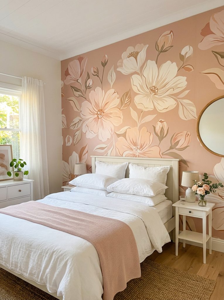 Blush pink floral wallpaper bedroom with modern oversized floral pattern in blush and cream tones accent wall white bedding simple white furniture contemporary not dated