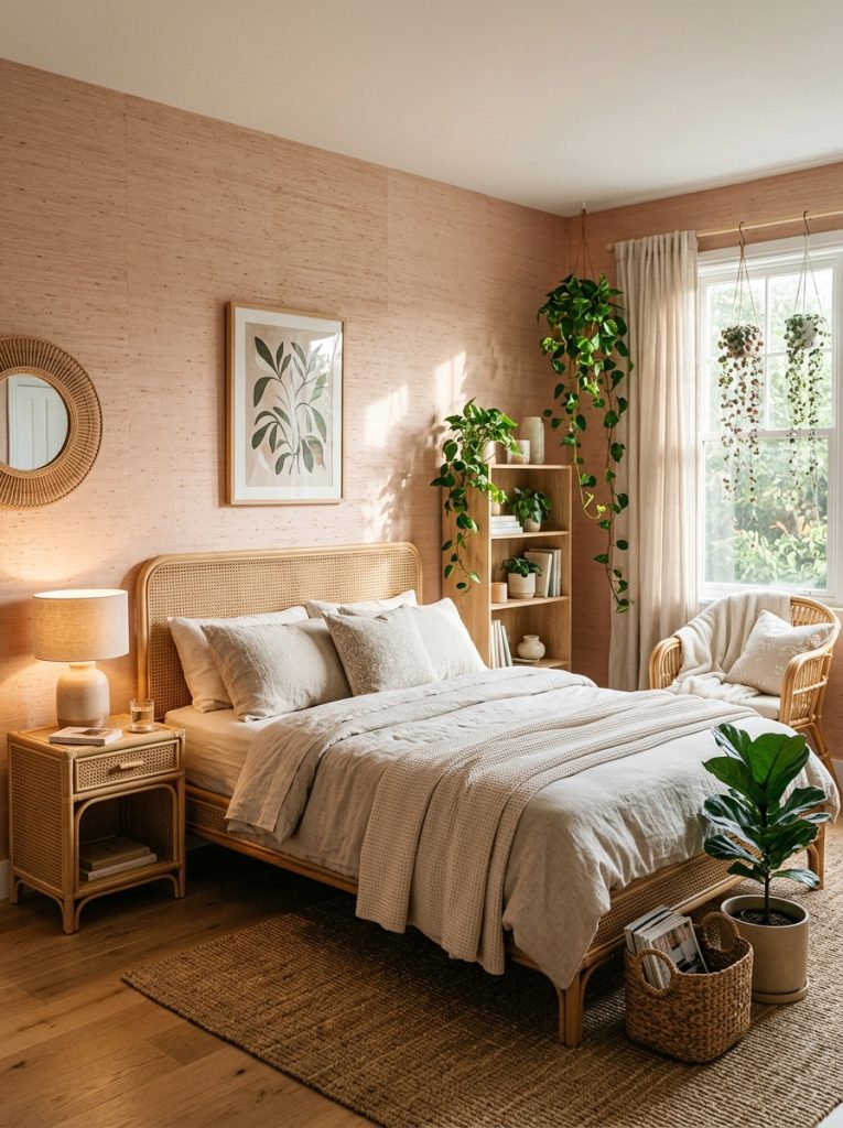 Blush pink grasscloth wallpaper bedroom natural woven texture organic warmth rattan furniture neutral linen bedding trailing plants texture catching light beautifully