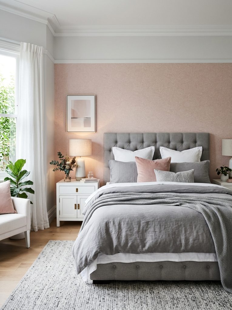 Sophisticated blush pink and grey bedroom with soft blush pink wallpaper grey linen bedding grey throw pillows white furniture blush and grey refined palette soft and modern