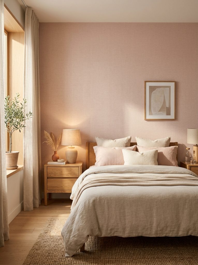 Sophisticated blush pink textured wallpaper bedroom linen grasscloth-like texture catching light natural wood nightstands neutral linen bedding depth and quiet luxury without pattern