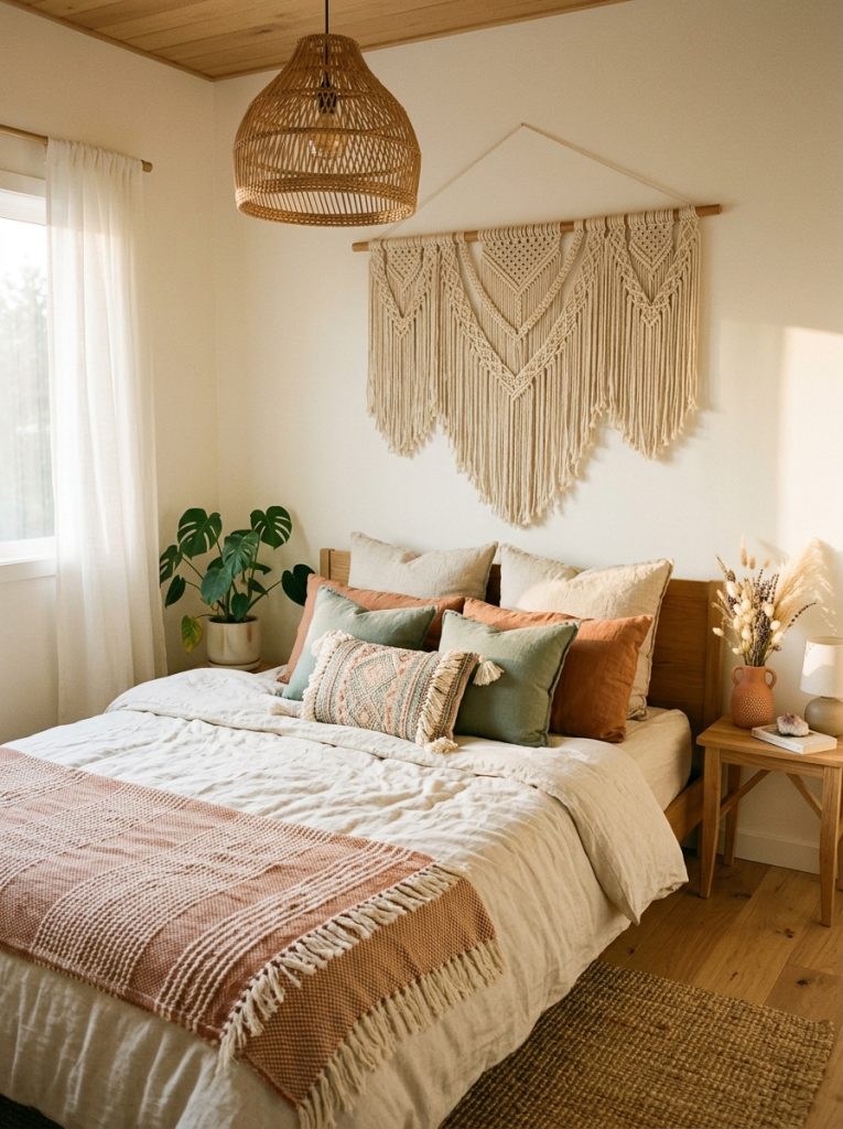 Layered boho summer bedroom natural linen bedding cream oatmeal terracotta dusty sage pillows macrame wall hanging headboard rattan pendant light dried flower arrangement nightstand rich warm boho texture