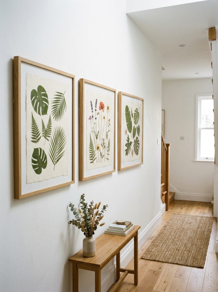 Transformed hallway row three matching botanical prints simple natural wood frames white wall leafy tropical botanicals pressed flower illustrations consistent frames clean cohesive look considered genuinely seasonal