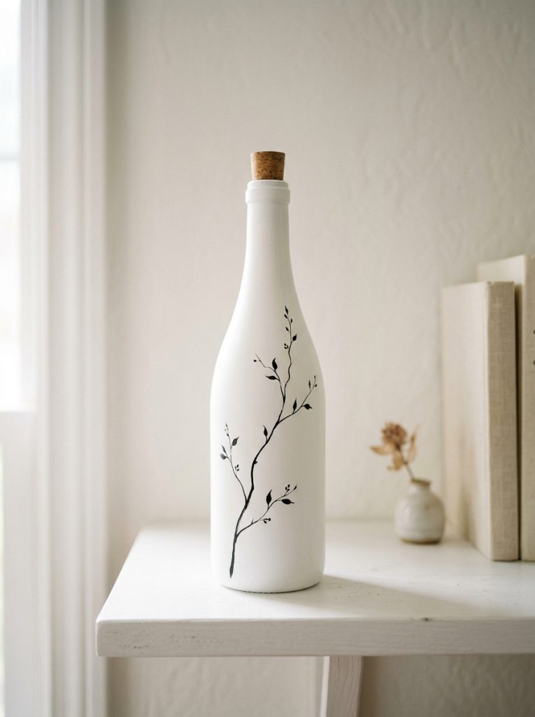 Glass bottle painted matte white with thin black minimalist branch design for a calm elegant Japanese inspired DIY decor