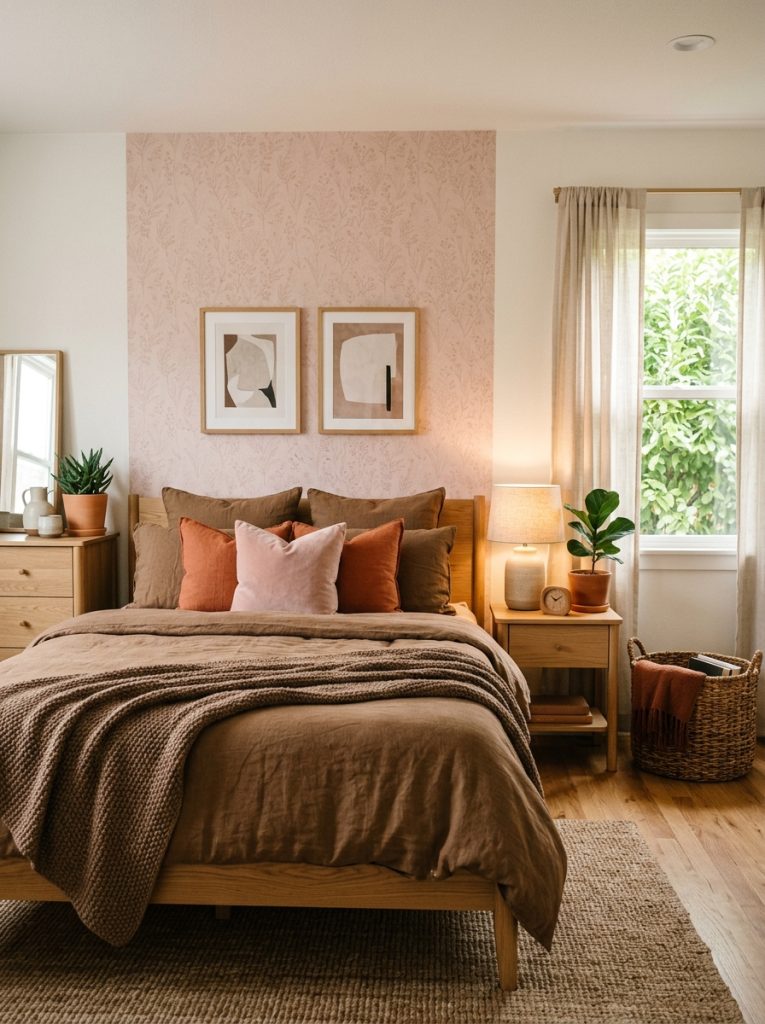 Warm earthy brown and pink bedroom soft pink wallpaper feature wall brown terracotta accents brown linen bedding natural wood furniture woven basket pink and brown warm earthy sophisticated