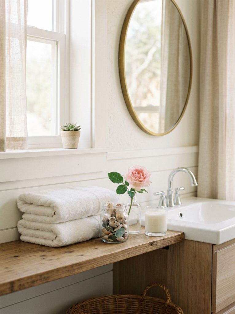 Calm summer bathroom crisp white fresh towels small glass jar shells smooth pebbles single garden rose small glass bud vase shelf white candle calm coastal summer retreat five minutes styling