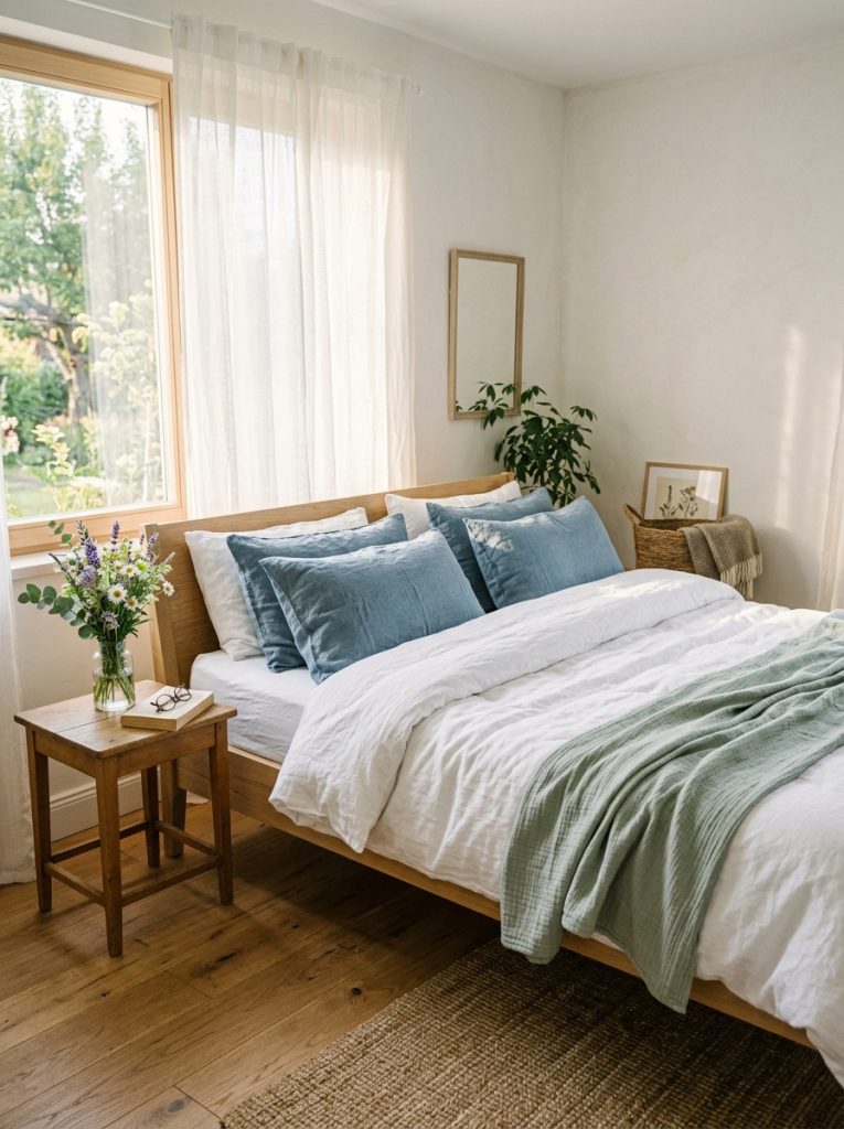 Calm summer bedroom crisp white linen bedding sage cotton throw dusty blue linen pillowcases sheer curtains warm afternoon light fresh flowers nightstand cool breezy summer retreat
