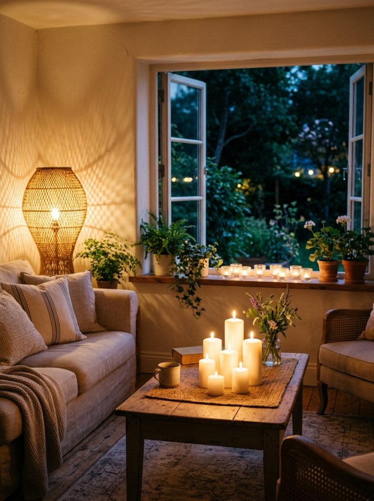 Atmospheric summer evening living room cluster white pillar candles different heights coffee table tea lights windowsill rattan lamp patterned shadows corner overhead lights off warm candlelight deeply romantic summery