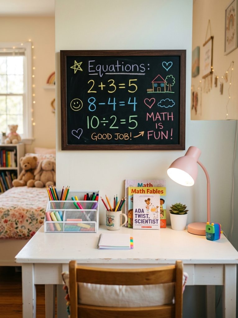 Small chalkboard panel above a white kids desk with colorful chalk notes reminders and drawings in a cozy pastel bedroom nook