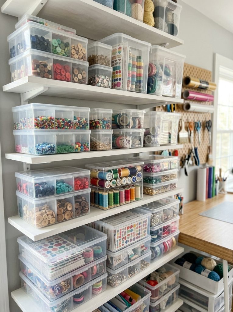 Clear stackable storage bins in different sizes on white craft room shelves holding buttons beads thread and small craft supplies