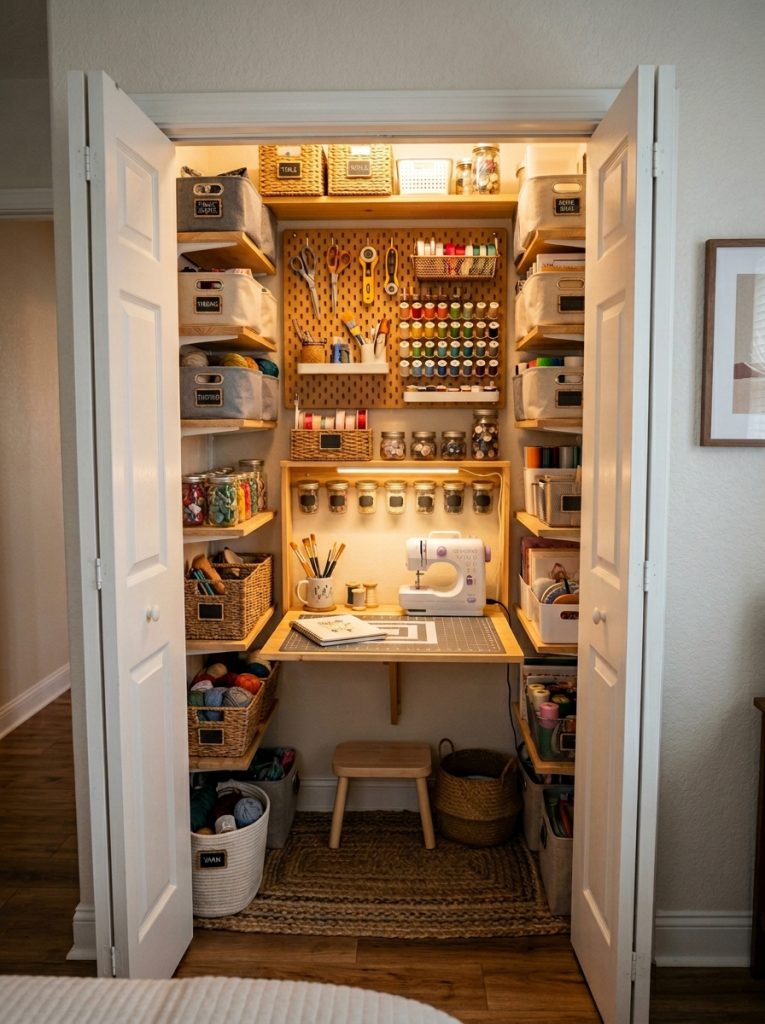 Small closet converted into a compact craft room with pegboard wall shelves fold down desk and labeled bins creating a mini studio