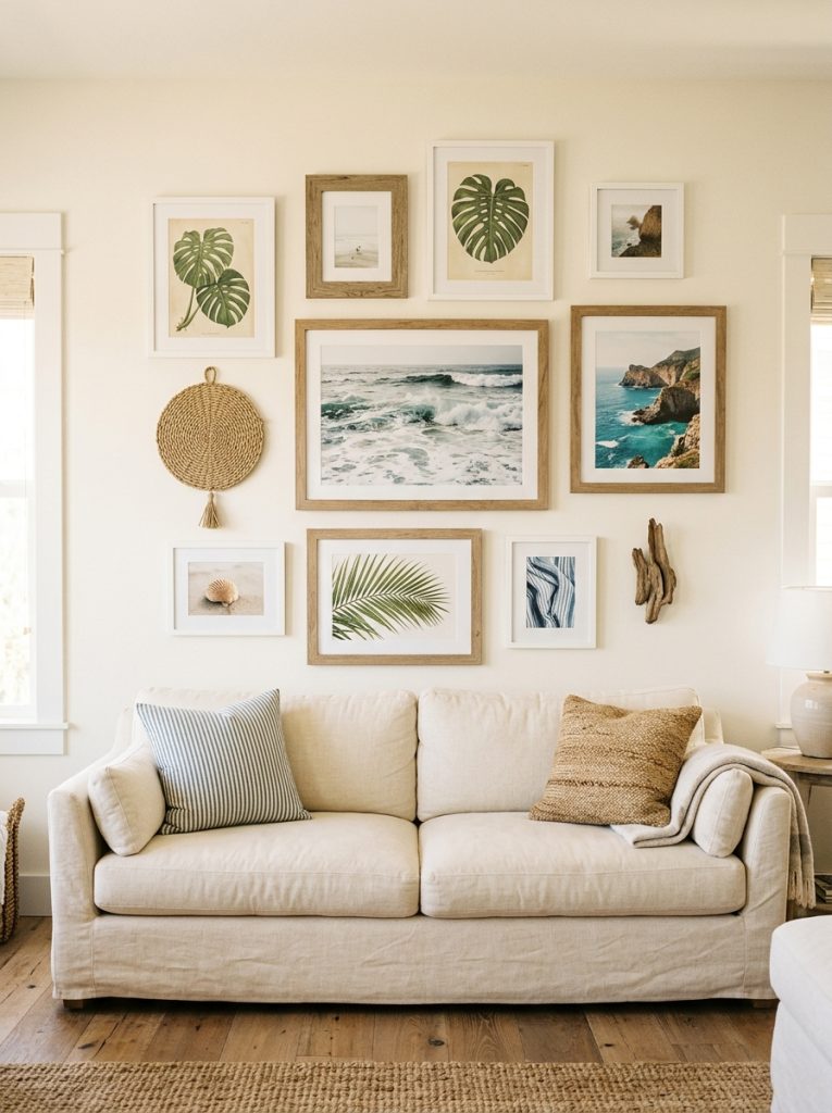  Coastal gallery wall above cream sofa ocean photography tropical botanical prints woven wall piece driftwood natural wood white frames different sizes loose organic arrangement layered summer focal point
