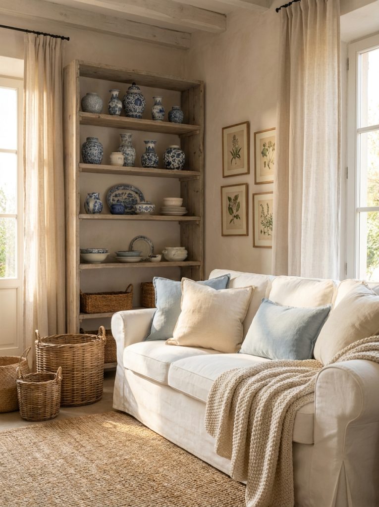  Coastal grandmother summer living room white slipcovered sofa blue white ceramic pottery open wooden shelves wicker baskets cream pale blue linen cushions botanical prints effortlessly collected timeless summery
